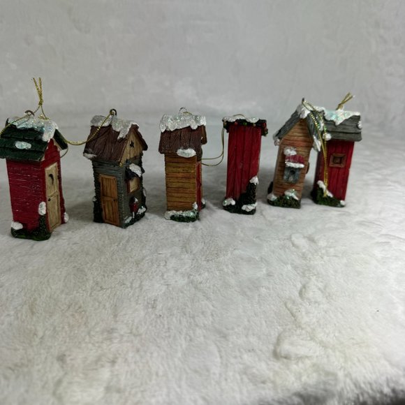 Set of 6 Christmas hanging ornaments Outhouses Resin 3 1/2" tall different style - Picture 11 of 12